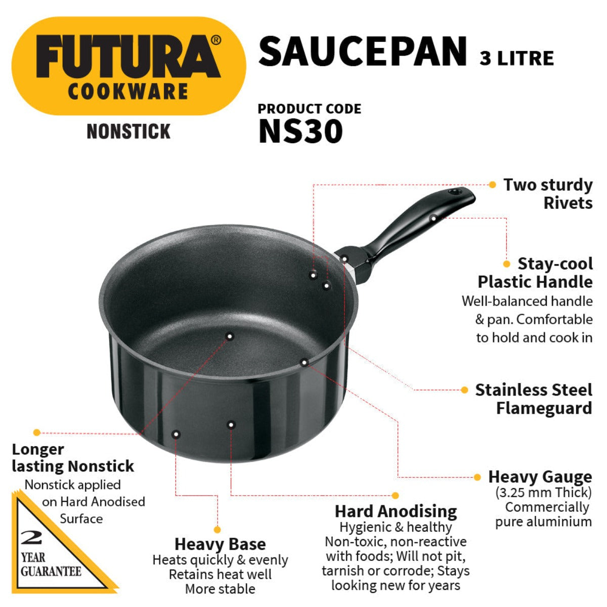 Futura Nonstick 3 Ltr Saucepan by Hawkins NS30