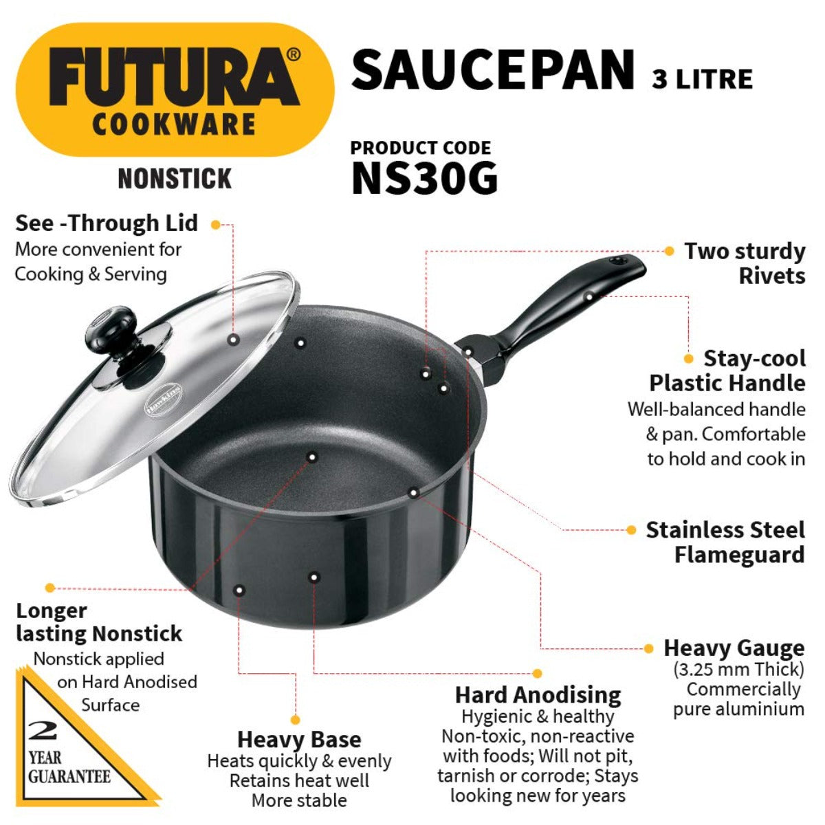 Futura Nonstick 3 Ltr Saucepan With Glass Lid By Hawkins NS30G