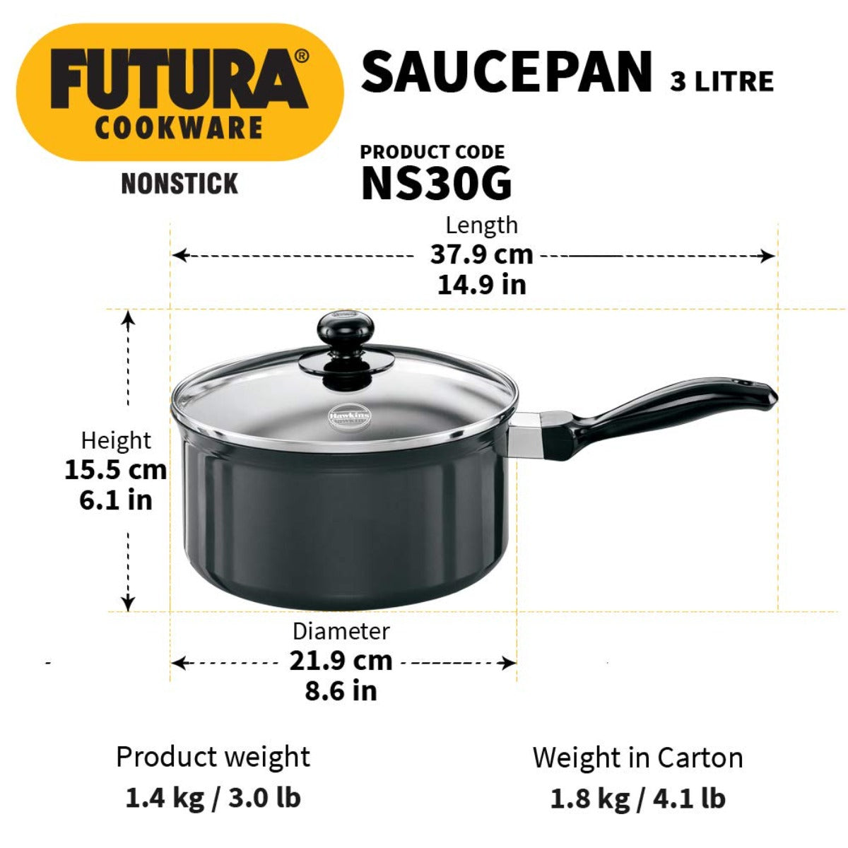 Futura Nonstick 3 Ltr Saucepan With Glass Lid By Hawkins NS30G