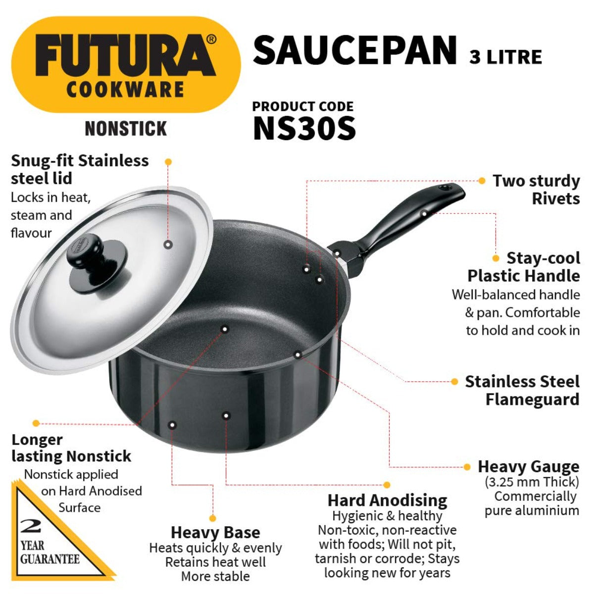 Futura Nonstick 3 Ltr Saucepan with Stainless Steel Lid By Hawkins NS30S