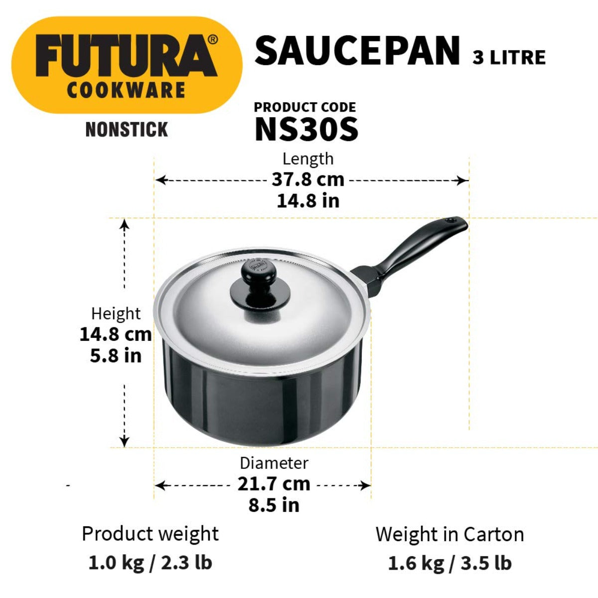 Futura Nonstick 3 Ltr Saucepan with Stainless Steel Lid By Hawkins NS30S