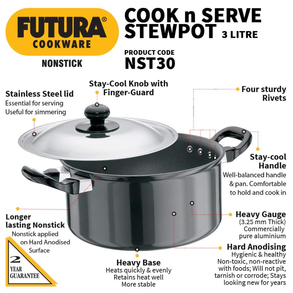 Futura Nonstick Cook n Serve Stewpot With Lid By Hawkins NST30