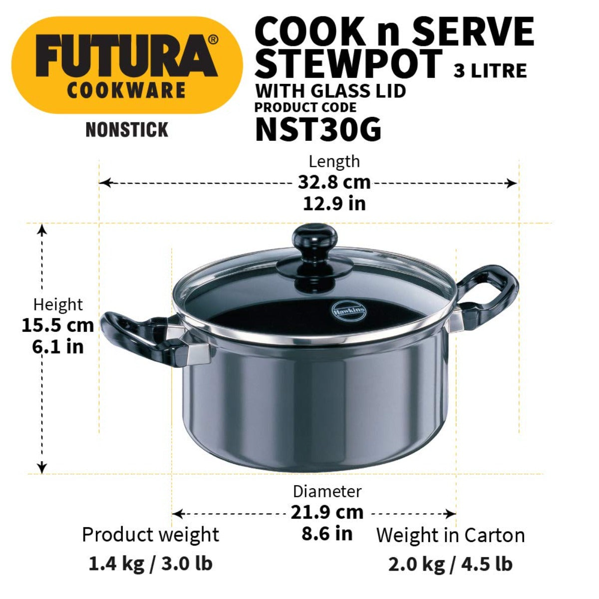 Futura Nonstick Cook n Serve Stewpot With Lid By Hawkins NST30G