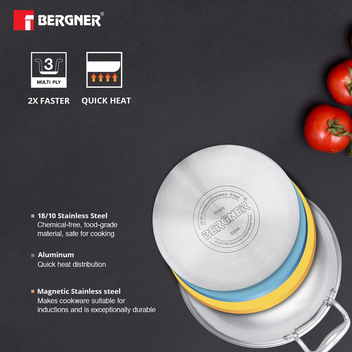 Bergner Argent Tri-Ply Stainless Steel Wok Kadhai With Lid